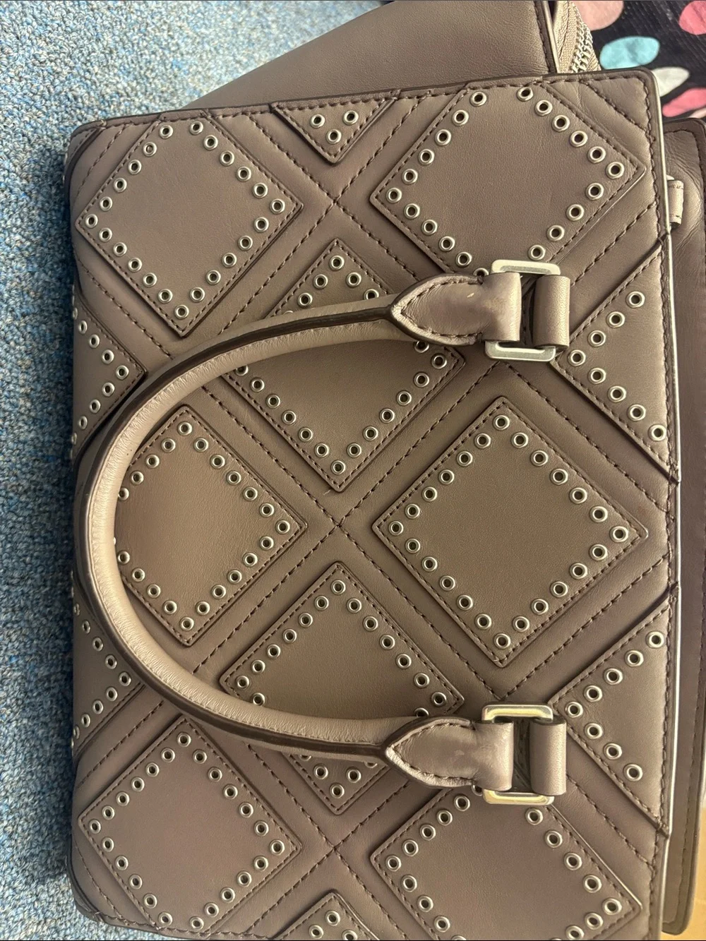 Michael Kors Taupe Gray Diamond-Quilted Studded Satchel - Picture 5 of 6